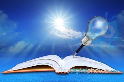 Open Book On Sea And Blue Sky With Pencil Light Bulb Stock Photo