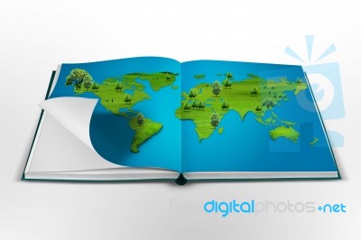 Open Book With The World Map Stock Photo