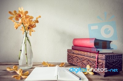 Open Books And Flower, Home Decoration Concept Stock Photo