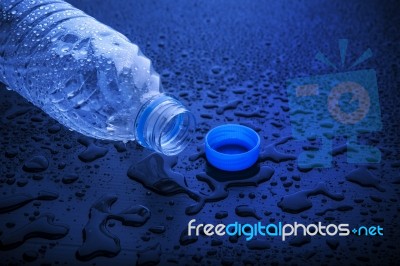 Open Cap Of Empty Platic Bottle Lying On Dark Wet Floor Stock Photo