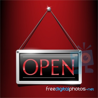 Open Label Sign Silver Frame Luxury Hanging Style Using As A Component About Business Red On Background Stock Image