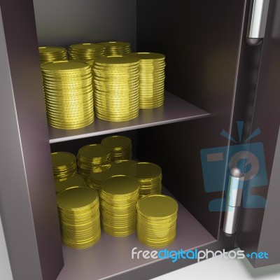 Open Safe With Coins Shows Safety Savings Stock Image