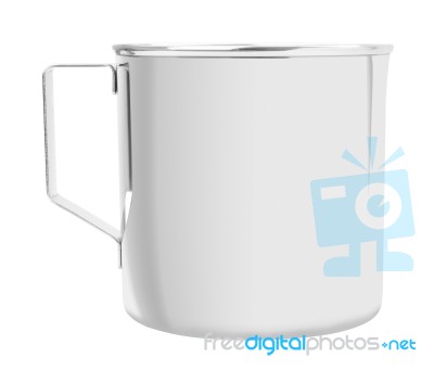 Open Stainless Cup With Handle On White Background Stock Photo