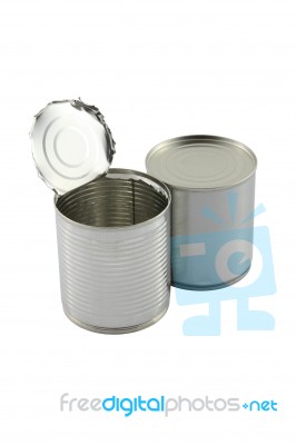 Opened In Front Of Closed Tin Can On White Background Stock Photo