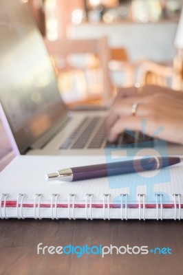 Opened Laptop On Wooden Work Table Stock Photo