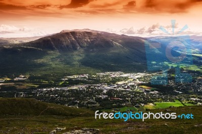 Oppdal Sunset Landscape Background Stock Photo