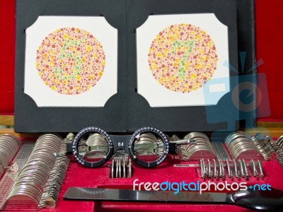 Optometry Lens, Eyeglasses And Color Blind Test Stock Photo