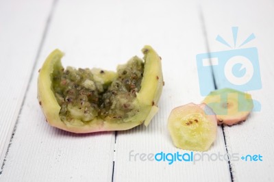 Opuntia Ficus-indica Cactus Fruit Opened On A White Background Stock Photo