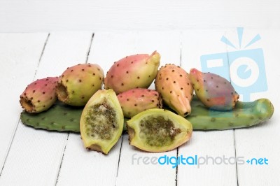 Opuntia Ficus-indica Cactus Fruits On A White Background Stock Photo