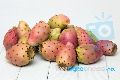 Opuntia Ficus-indica Cactus Fruits On A White Background Stock Photo