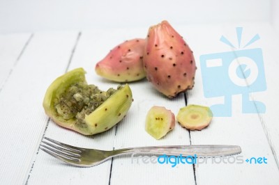 Opuntia Ficus-indica Cactus Fruits Opened On A White Background Stock Photo