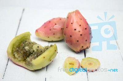 Opuntia Ficus-indica Cactus Fruits Opened On A White Background Stock Photo