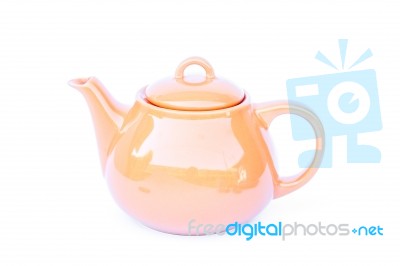 Orange Ceramic Teapot Isolated On White Background Stock Photo