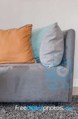 Orange Color Pillow On Grey Sofa In Living Room Stock Photo