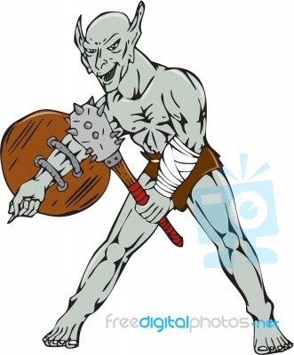 Orc Warrior Hold Club Shield Cartoon Stock Image