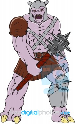 Orc Warrior Holding Club Front Cartoon Stock Image