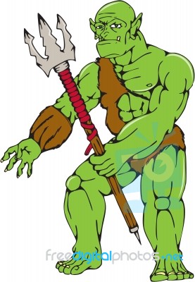 Orc Warrior Monster Trident Cartoon Stock Image