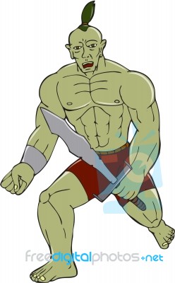 Orc Warrior Wielding Sword Running Cartoon Stock Image