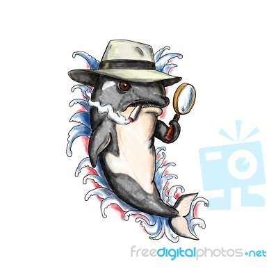 Orca Killer Whale Detective Tattoo Stock Image