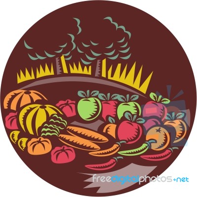 Orchard Crop Harvest Circle Woodcut Stock Image