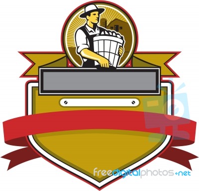 Organic Farmer Carry Basket Circle Crest Retro Stock Image