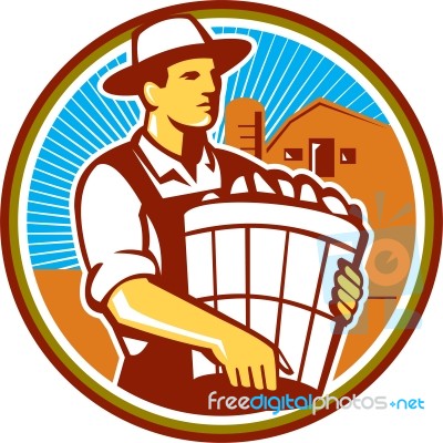 Organic Farmer Harvest Basket Circle Retro Stock Image