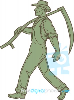 Organic Farmer Scythe Walking Mono Line Stock Image