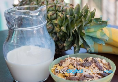 Organic Muesli Means Milk Nutrition And Grain Stock Photo