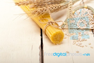 Organic Raw Italian Pasta And Durum Wheat Stock Photo