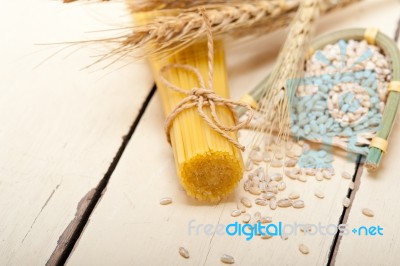 Organic Raw Italian Pasta And Durum Wheat Stock Photo