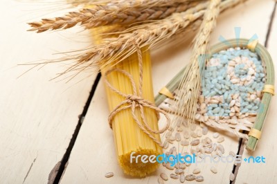 Organic Raw Italian Pasta And Durum Wheat Stock Photo