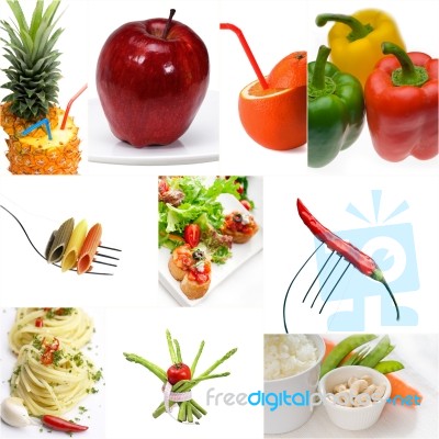 Organic Vegetarian Vegan Food Collage  Bright Mood Stock Photo