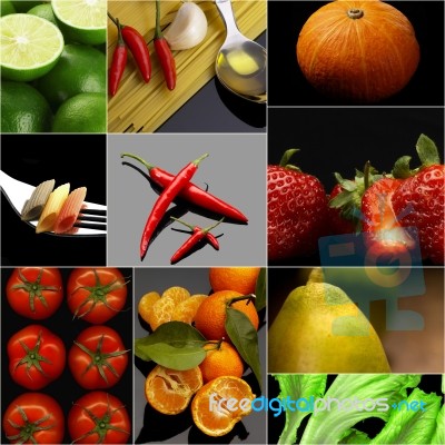 Organic Vegetarian Vegan Food Collage  Dark Stock Photo