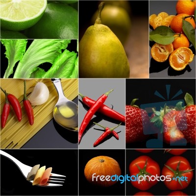 Organic Vegetarian Vegan Food Collage  Dark Stock Photo