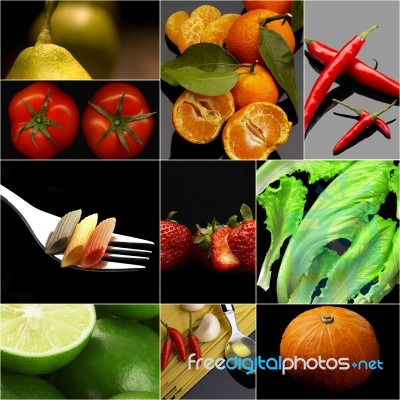 Organic Vegetarian Vegan Food Collage  Dark Stock Photo