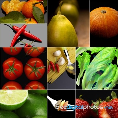 Organic Vegetarian Vegan Food Collage  Dark Stock Photo