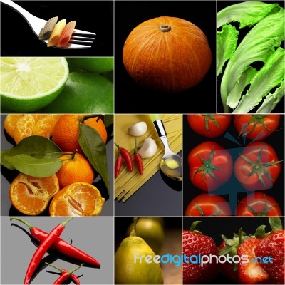 Organic Vegetarian Vegan Food Collage  Dark Stock Photo