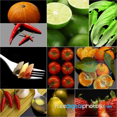 Organic Vegetarian Vegan Food Collage  Dark Stock Photo