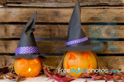 Original Decorations With Pumpkins And Halloween Witch Hats Stock Photo