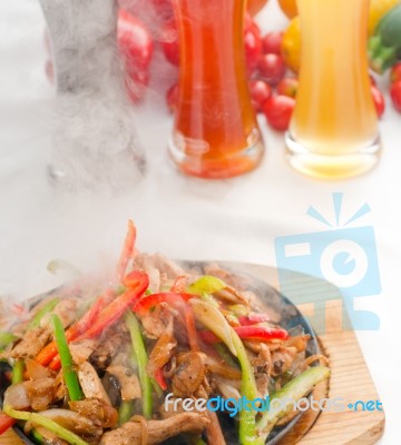 Original Fajita Sizzling Hot  On Iron Plate Stock Photo