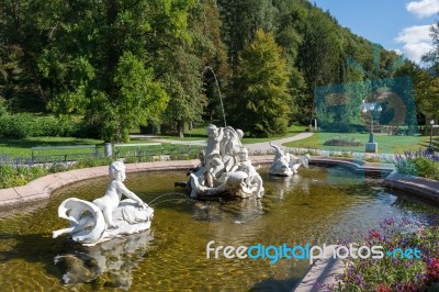 Ornamental Statues In A Pond Outside The Imperial Kaiservilla In… Stock Photo