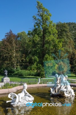 Ornamental Statues In A Pond Outside The Imperial Kaiservilla In… Stock Photo