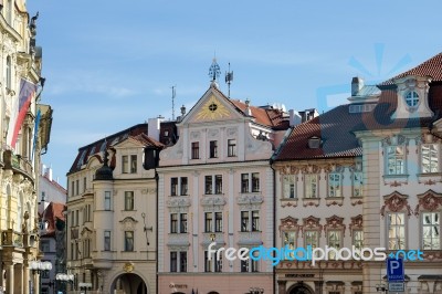 Ornate Apartment Blocks In The Old Town Square In Prague Stock Photo