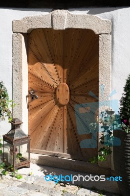 Ornate Wooden Door In Hallstatt Stock Photo