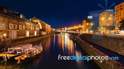 Otaru Canals At Night Stock Photo