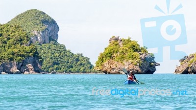 Other And Daughter Travel By Kayak Stock Photo