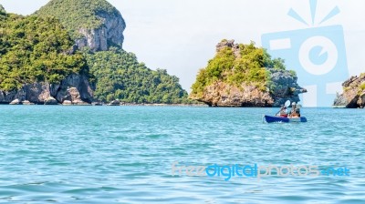 Other And Daughter Travel By Kayak Stock Photo