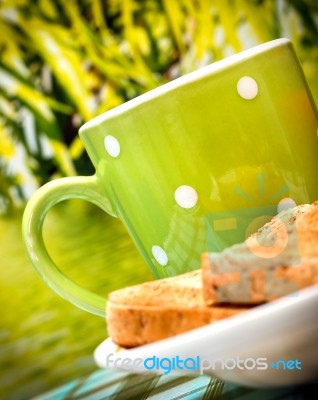 Outdoor Breakfast Toast Represents Meal Time And Beverage Stock Photo