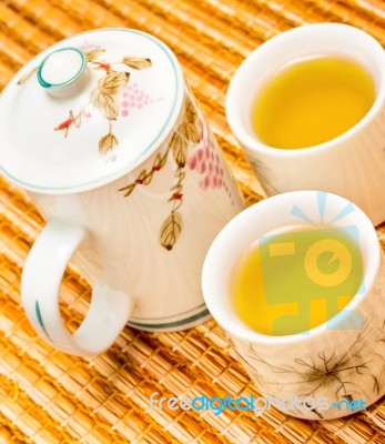 Outdoor Green Tea Shows Break Time And Beverage Stock Photo