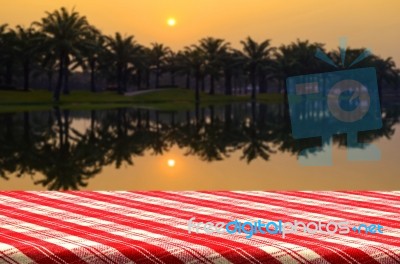 Outdoor Picnic Background With Sunrise And Landscape Lake View Stock Photo